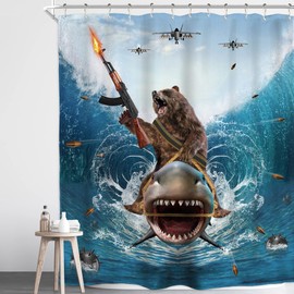 Homewelle Funny Cool Humor Shower Curtain for Men Adults Ocean Summer Shark Bear Riding Surfing Animal Beach Blue Waves 60Wx72H Inch Boys Waterproof Polyester Fabric Bathroom Bathtub