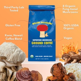 Organic Ground Mushroom Coffee by Malama | 8-Mushroom Superfood Blend with Lion’s Mane, Reishi, Cordyceps for Focus & Immune Support | Low Acid, Smooth Bold Flavor, Adaptogenic Energy | 12oz Bag