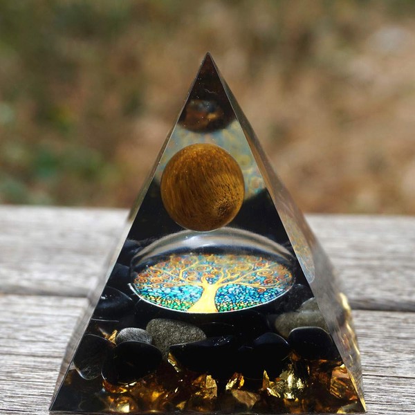 Obsidian Orgonite Pyramid Aura Quartz Healing Crystals Pyramid Metatron Chakra Crystals Amethyst Crystal Sphere Orgonite Pyramid,Copper Tiger Eye Inside,Charge Your Crystals(2.36Inches,3.67 Ounces)