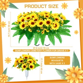 3 Pieces Artificial Cemetery Flowers for Headstone Memorial Day Flowers Funeral Headstone Saddle Sunflowers Bouquets with Vase for Outdoor Tombstone Grave Decoration(Yellow)