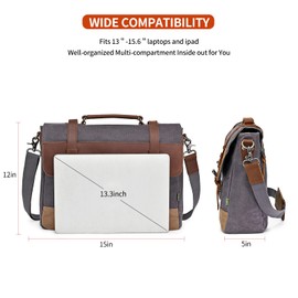 TSD Brand Waxed Waterproof Canvas Briefcase Laptop Messenger Bag Satchel Shoulder Bag Vintage Genuine Leather Briefcase Crossbody Travel Bag for Men And Women(Grey)