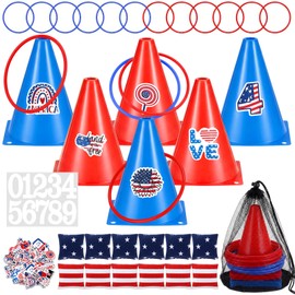 RoundFunny 12set 3 in 1 Independence Day Ring Toss Game Set, Carnival Game Kit with Cones, Rings, Bean Bags & Storage Bag, Includes for DIY Toss Games, Birthday Party, Carnival