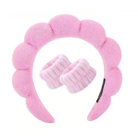 HKOVNE Spa Headband and Wristband Set for Women,Terry Cloth Sponge Headband for Washing Face,Makeup,Facial Mask and Skincare (Pink, One Size)