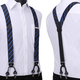 Juego de corbatín y tirantes para hombre, diseño de rayas, 6 clips ajustables en Y, con tirantes cuadrados de bolsillo, para esmoquin, 8-negro / azul, Talla única