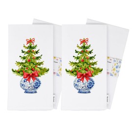 Bijouland Chinoiserie Christmas Tree Towel - 2 Pack, Blue and White Kitchen Decor, Holiday Hand Towel, Chinoiserie Christmas Decor Tea Towels - 100% Certified Organic Cotton Flour Sack Towel (2 Pack)