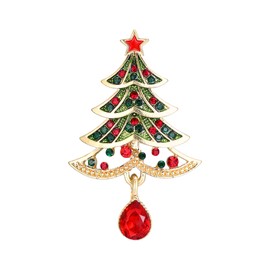 EVER FAITH Christmas Tree Brooch for Women, Rhinestone Art Deco Red Enamel Star Teardrop Pin Jewelry Gifts for Holiday Multicolor Gold-Tone