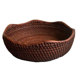 AMOLOLO Handmade Rattan Round Fruit Basket Food Storage Bowls Kitchen Organizer Snack Serving Bowl 11 Inch Wavy Edge Circle Tray Basket with 3” Deep Wall, Dark Brown Décor Display Tray Bowl, L