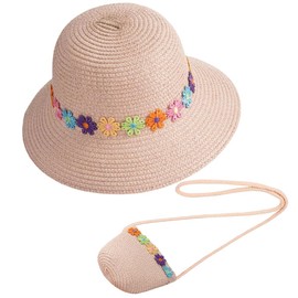 Strohhut und Kleine Tasche Set, Mädchen Kinder Sommer Sonnenhut Sonnenhüte mit Blumendekoration für den Urlaub Reise Outdoor-Aktivitäten Reisehut (DE/NL/SE/PL, Alphanumerisch, Einheitsgröße, beige)