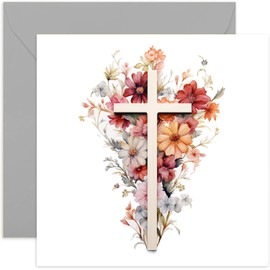 Old English Co. Religious Flower Christian Cross Artwork Greeting Card for Christening, Baptism, Easter, First Holy Communion, Dedication - Flora Crucifix Card - Good Luck, Thinking of You