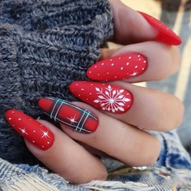 Christmas Nails Press on Medium Length Almond False Nails with Snowflakes Design Xmas Buffalo Plaid Fake Nails Winter Stick on Nails Acrylic Full Cover Acrylic Art Kit 24Pcs