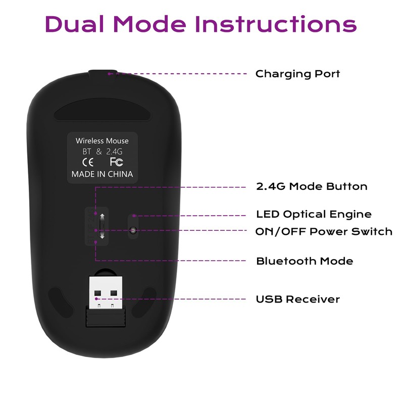 LKV Wireless Bluetooth Mouse, 2.4GHz Slim Purple Mouse with USB