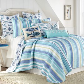 Levtex Home - Laida Beach Quilt Set -Twin Quilt + One Standard Pillow Sham - Coastal Stripe - Green, Blue, White - Quilt Size (68x86in.) and Pillow Sham Size (26x20in.) - Reversible - Cotton