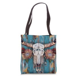 Boho Chic Bull Skull Turquoise Western Protea Flower Tote Bag