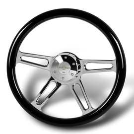 W-Power, 18" Universal 457mm 5 Bolt Hole 2 Inches Deep with Aluminum Polished Vintage Style Wood Grip Steering Wheel, Chrome Horn Button (Black Wood Half Wrap Grip)