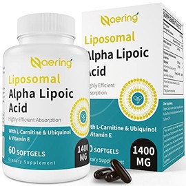 Cápsulas blandas de ácido alfa liposomal de 1400 mg, suplemento ALA con L-carnitina 1000 mg, ubiquinol (CoQ10 activa) 100 mg y vitamina E 10 mg, ácido