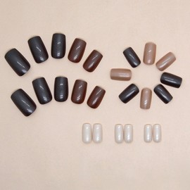 MERVF Medium Press on Nails Square Fake Nails Brown Squoval Nails Press ons with Chrome Design Acrylic Nails 24pcs Glossy Fall False Nails