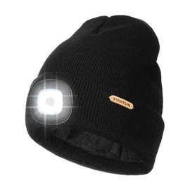 YunTuo Fleece Lined Kids LED Beanie Headlamp Hat with Light Bulit in, USB Rechargeable Flashlight Winter Knitted Stocking Caps, Gifts for Boy Girl Children