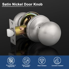 GOBEKOR 1 Pack Satin Nickel Door Knob Interior, Passage Door Knob Handles Non-Locking, Flat Ball Knob Closet/Hall Doorknob Keyless, Stainless Steel Door Handle Lock, Reversible for Right or Left