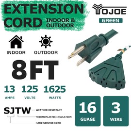 YOJOE 8 Foot Green Outdoor Extension Cord with 3 Power Outlets - 16/3 SJTW Waterproof Christmas Light Extension Cord with 3 Prong Grounded Plug for Christmas Decorations - UL Listed