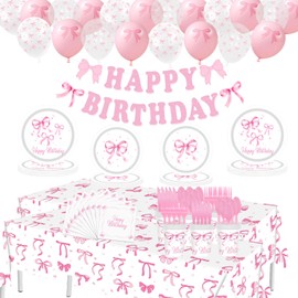 Pink Bow Birthday Party Set 183pcs Coquette Birthday Decorations Includes Bow Plates Napkins Cups knife fork spoon Banner Tablecloth Balloons, Bow Theme Tableware for Girls Bachelorette Party Decor