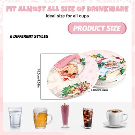 Whaline 6Pcs Pink Christmas Coasters with Metal Holder Vintage Santa Winter Snowman Xmas Tree Truck Ceramic Coasters Absorbent Cup Mat for Mug Cup Home Kitchen Office Party Table Decor