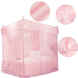 Uadme Bed Canopy Luxury Princess Bed Curtain Canopy Netting Mosquito Net, Pink, 3 Side Openings, for Bedroom, 4 Corner