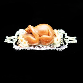 Dollhouse Miniature Food Turkey Roast Chicken Silver Tray 1:12