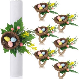 WILLBOND 6 Pcs Bird Nest Easter Spring Napkin Rings Purple Green and Pink Easter Eggs Napkin Ring Holder Rattan Farmhouse Tissue Rings for Table Decor Dinner Party Settings