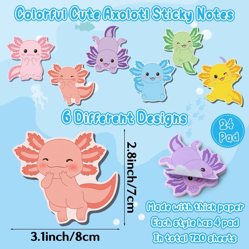 BkeeCten 72pcs Cute Axolotl Sticky Notes & Pens & Ribbons