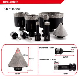 DT-DIATOOL Diamond Core Drill Bit Set Tile Hole Saw 6/8/10/16/19/51/65/102mm + 2 inch Diamond Chamfer Bit 5/8"-11 Thread for Porcelain Tile Ceramic Granite Marble Brick ConcretePack of 9