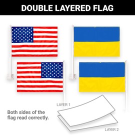 G128 Combo Pack: American USA Car Flag & Ukraine Ukrainian Car Flag 11x17 In | Both Double Sided Printed 150D Polyester | Flagpole Included | Perfect for Festival Celebrations, Parades