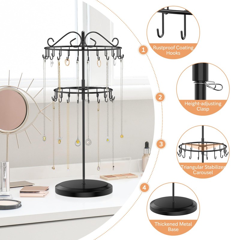 iDavosic.ly 2 Tier Rotating Necklace Holder Stand with 42 Hooks,