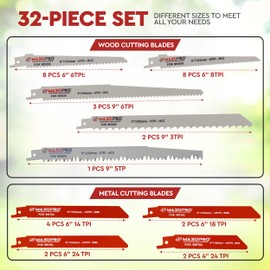 32-Pieces Reciprocating Saw Blades Set – Premium Quality Sawzall Blades for Metal and Woodcutting – Durable & Sharp Pruning Saw Blades with Organizer Pouch - by MaxoPro