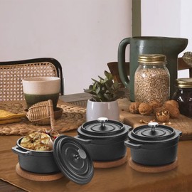 OGANAZI 3 Pcs Mini Cast Iron Dutch Oven Set – 8 oz Garlic Roaster Cocotte Pots with Lids, Handles and Cork Pan Mats Small Cast Iron Pots for Baking, Roasting, BBQ Grill, Stovetop and Oven Use