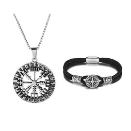 Zysta Men's Bracelet Viking Compass Jewellery Set Vegvisir Pendant Necklace Valknut Braided Rope Bangle Nordic Amulet for Men, Stainless Steel