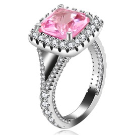 Uloveido Women's Rhodium Plated Pink CZ Crystal Engagement Rings Best Promise Rings Square Anniversary Wedding Bands for Lady Y586 (Size 8)