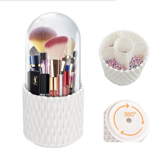 MLAY Multifunctional Makeup Brush Holder - Waterproof 360 Rotating Cosmetics Make up Brush Organizer Storage with Lid for Vanity and Bathroom,Pair with a pack of mermaid pearls.