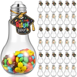 Sabary 48 Pack 100 ML Plastic Light Bulb Jars with Graduation Card and String, Light Bulb Candy Container Light Bulb Drinking Cups Fillable Drink Ornaments Clear Candy Jars For 2024 Graduation Party