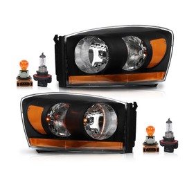 CROSSDESIGN Headlights Headlamps w/Bulbs Light Bar Pair Set Compatible with Dodge Ram 1500 2006-2008/Fits Dodge Ram 2500 3500 2006-2009 Clear Lens Black Housing Amber Reflector