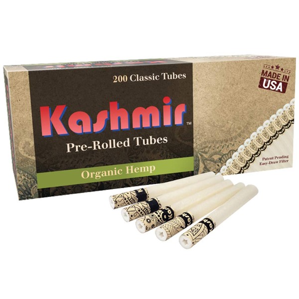 Kashmir 100% Organic Classic Pre-Rolled Tubes, Easy to Draw Filter, Natural Clean and Smooth Taste - 200 Tubes Per Carton