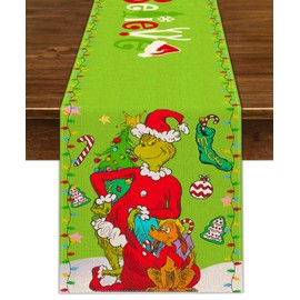Nepnuser Whoville Christmas Decoration Grinchmas Table Runner Green Elf Xmas Winter Holiday Believe Theme Party Supply Home Kitchen Dining Room Decor 90Inches Long