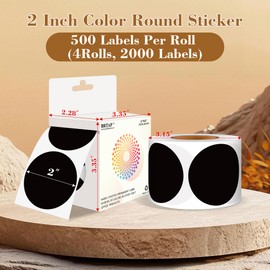 2 Inch Color Coding Round Labels (2000Pcs, 4 Rolls) - Round Colored Dot Stickers for Inventory, Pantry, Warehouse Organization - Black Circle Dot Labels