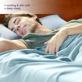 YnM Cooling Bed Sheet Set with 100 Percent Rayon Derived from Bamboo, 400TC Fabric with 1 Pillowcase and Flat Sheet, Deep Pocket Fit 19'', Silky-Soft & Sweat Wicking, 3 Piece (Twin, Light Blue)