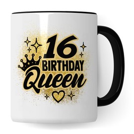 Tasse 16. Geburtstag, 16 - Birthday Queen, Geschenk 16 Jahre Tasse Spruch sechzehnter Geburtstag Mädchen, schönes Motiv Geschenkidee Teenager sweet sixteen (Weiß & Schwarz)