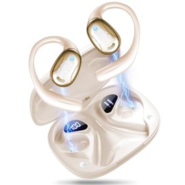 KURMIZU Wireless Earbuds, Bluetooth 6.0 Headphones with Big Bass Stereo Sound, 75H Playtime Over-Ear Buds with Earhooks, LED Power Display IPX7 Waterproof Earphones for Workout/Running, Champagne