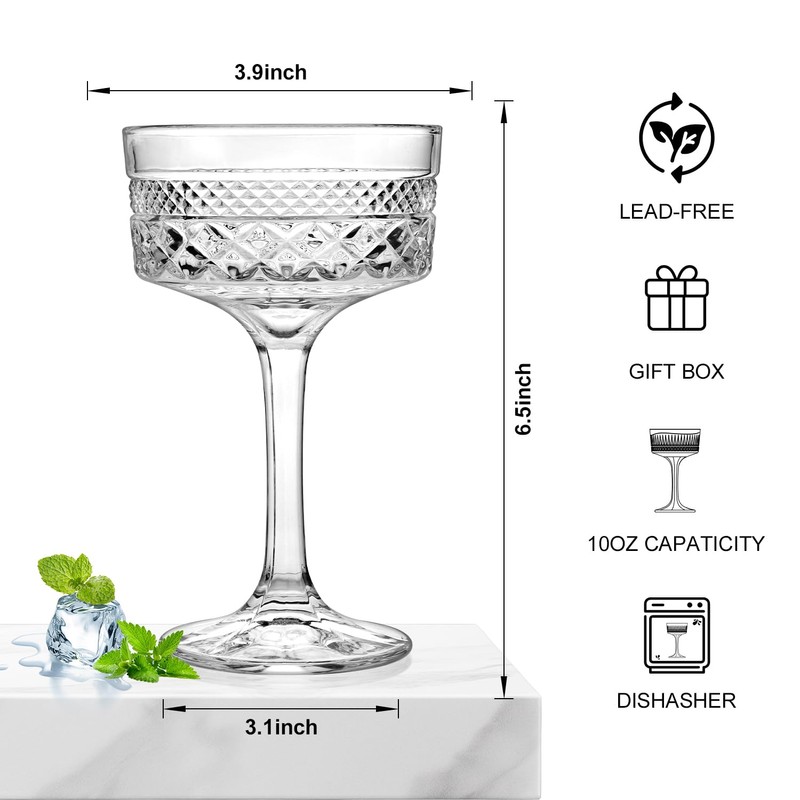 4Pcs Coupe Glasses, 10oz Vintage Martini Glasses Set, Lead-free Crystal