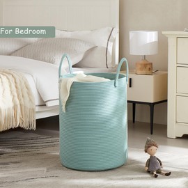 MOJOSCEND 15Dx20H inches Tall Green Cotton Rope Laundry Basket Woven Hamper for Dirty Clothes Blanket Storage in Bedroom Livng Room for Baby Nursery Kids Toys Organize 60L Capacity