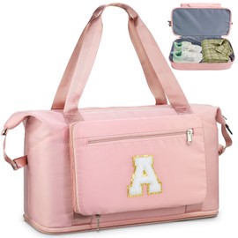 Teen Girl Gifts Trendy Stuff-Initial Duffle Bag for Travel, Carry on Bag Duffel Bags, GYM Weekend Overnight Bag with Shoes Compartment,Hospital Travel Bags for Women-Pink A