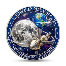 Artemis II Inspired Challenge Coin with Acrylic Case, Double-Sided Deep Space Mission Collectible Coin, Zinc Alloy 3D Relief Token for Space Enthusiasts and Display