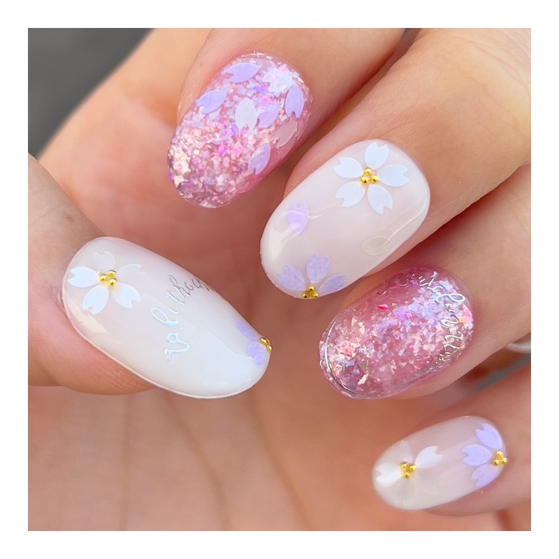 Spring flower handmade nail tips |Cherry blossoms, flowers|- Round /